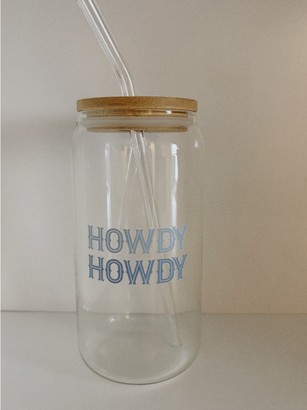 Howdy Glass Drink Jar with Bamboo Lid and Straw - Clear/Blue